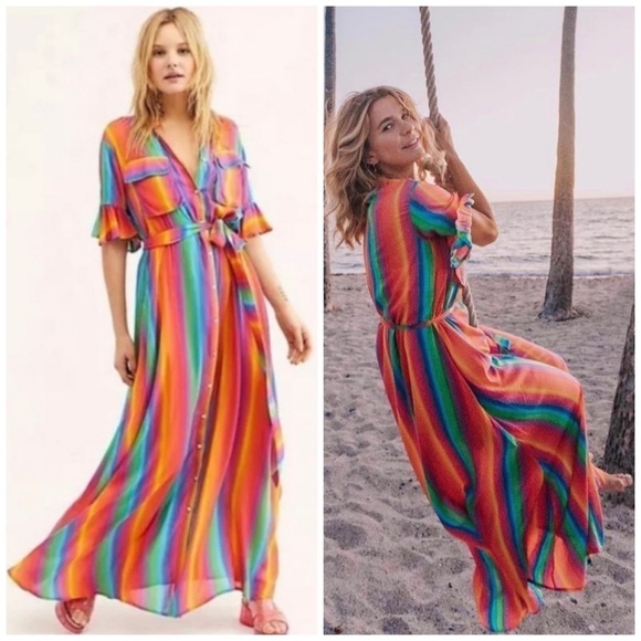All Things Mochi Leilani Striped Short Sleeve Button Front Midi Dress Casual - Picture 1 of 11